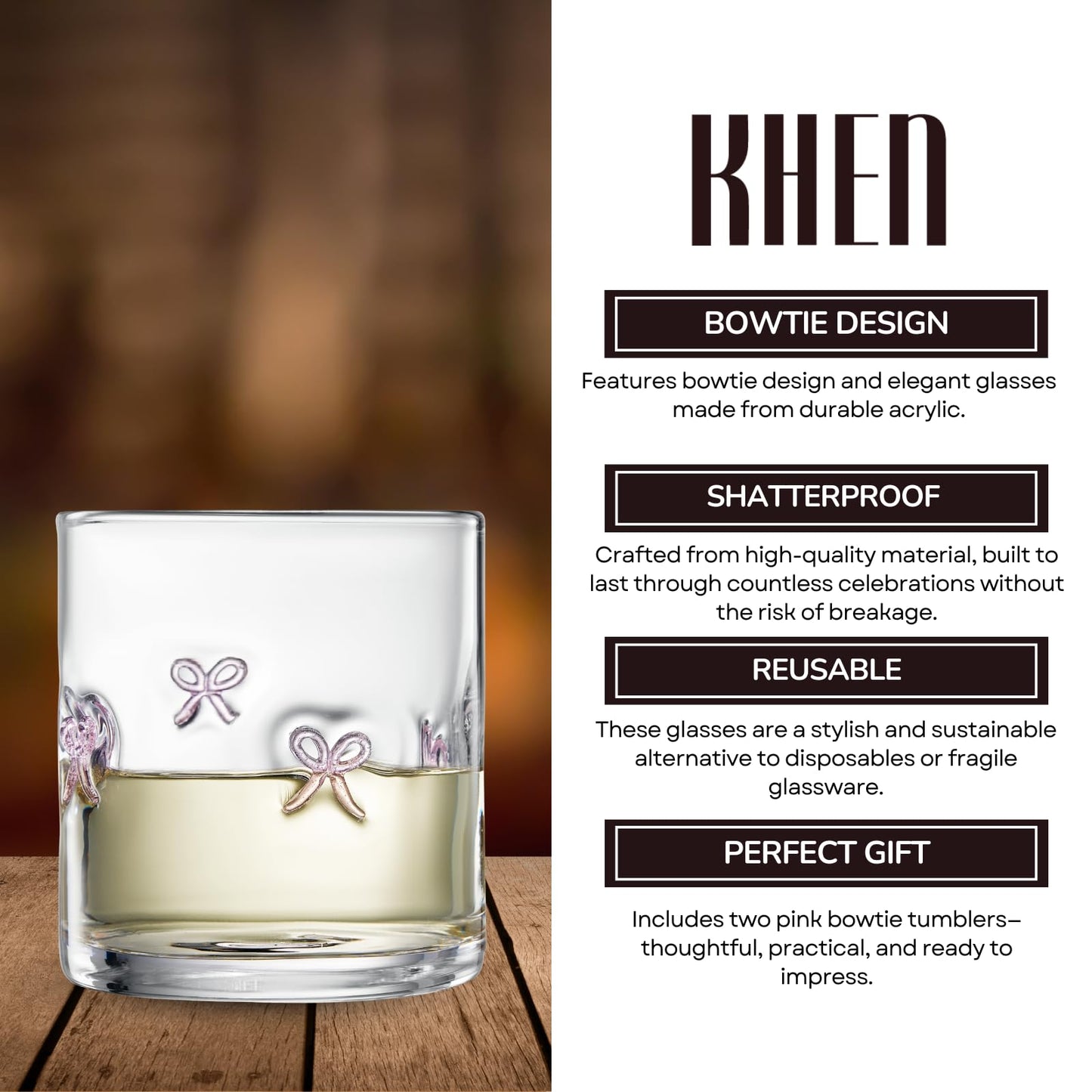 Khen Bowtie Tumblers Set Stylish Break Resistant Acrylic Drinkware - Set of 2 Pink