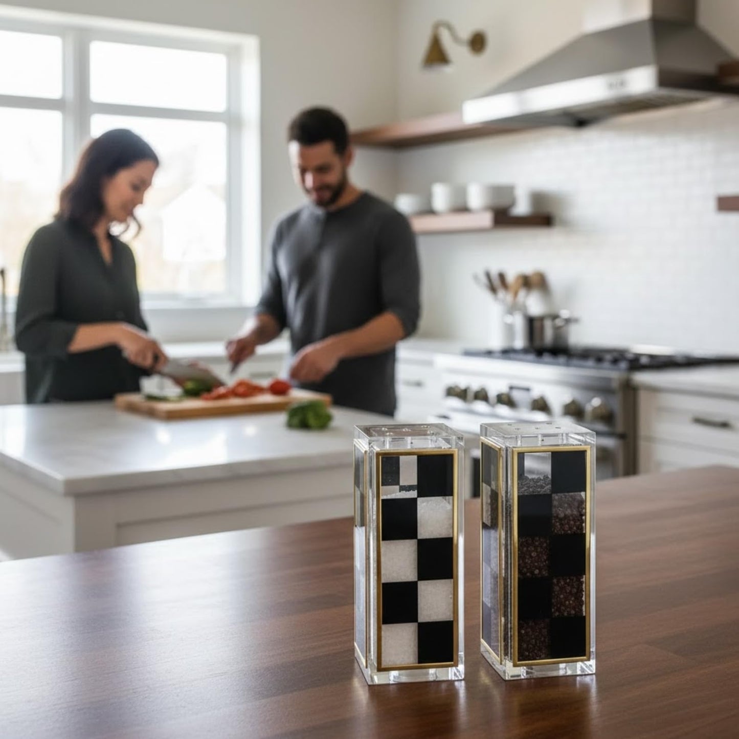 Checkered Salt and Pepper Shakers Set, Black White Square Design with 3 & 5 Holes