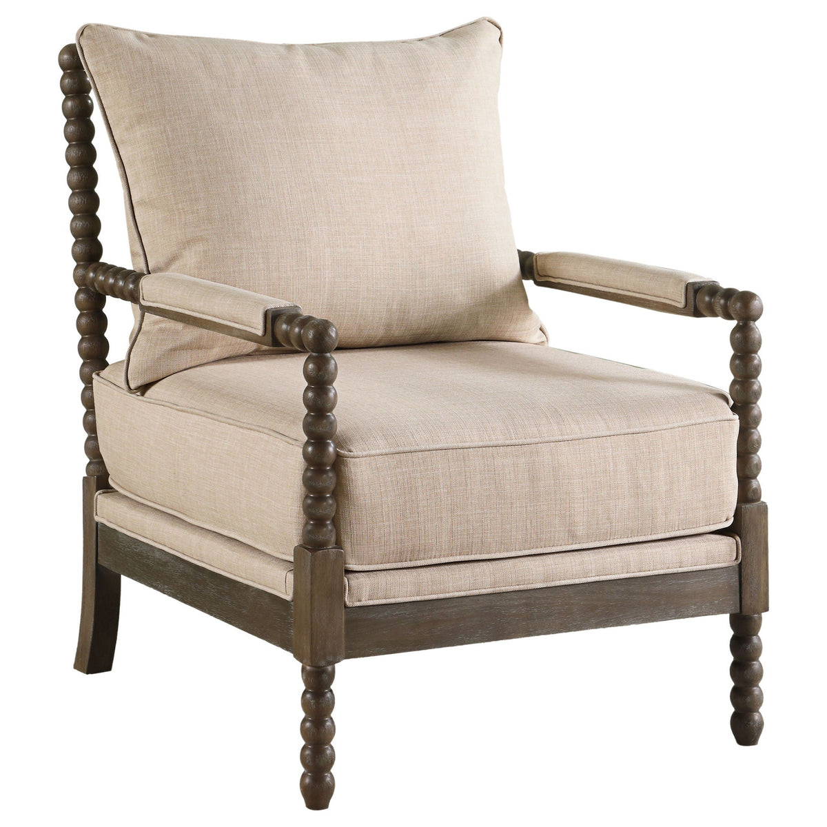 Blanchett Heritage Bobbin Lounge Chair – Beige Linen & Distressed Brown