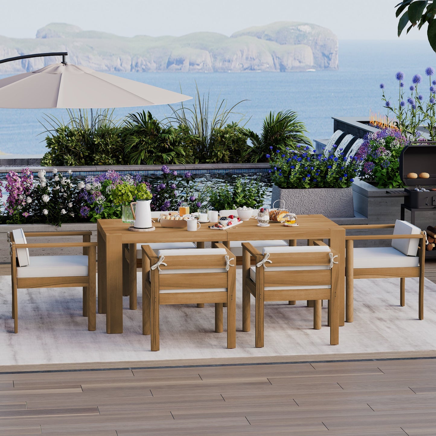 Patio Set Rectangle Light Teak with Removable Cushions for 6 72.8 Inch Table