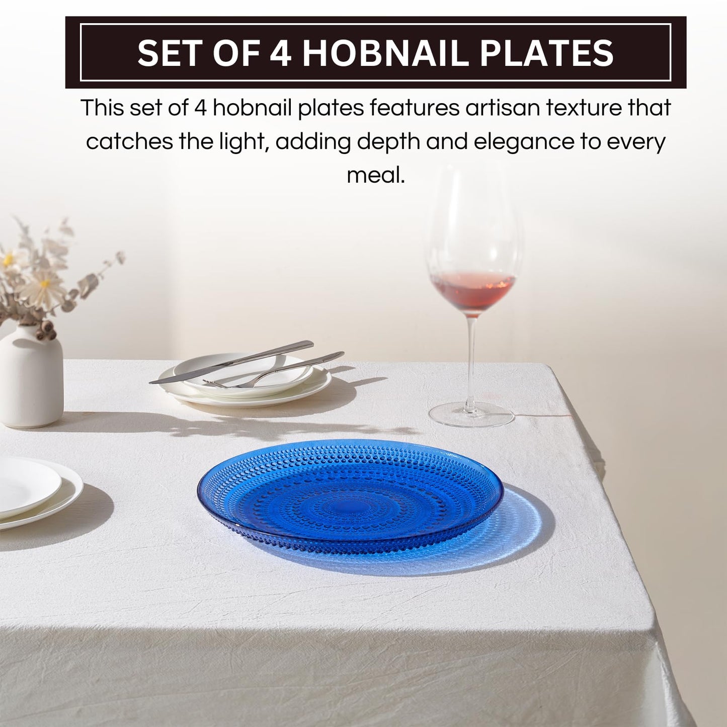 Glass Hobnail Dinner or Charger Plates | Set of 4 | Dark Blue