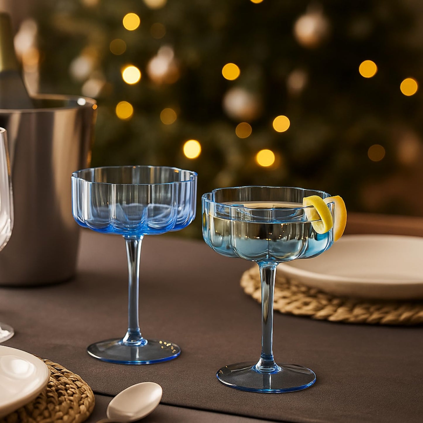 Flower Wave Coupe Cocktail Colored Glasses | Set of 2 | Cobalt Blue