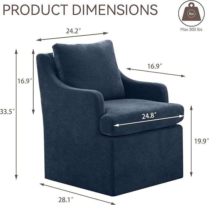 Navy blue armchair with dimensions labeled on a white background