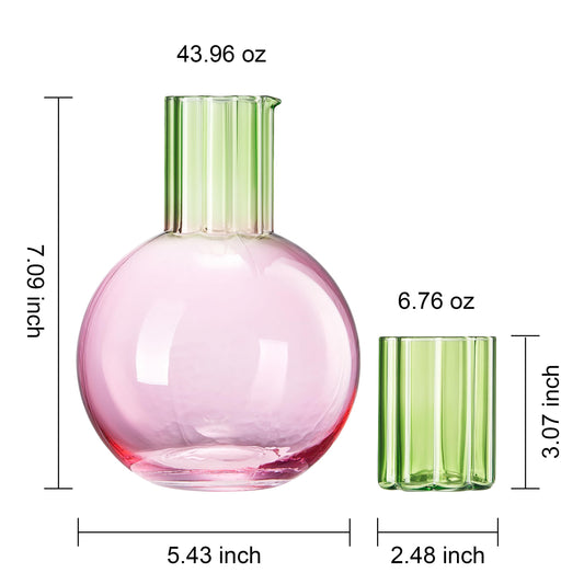 Colorful Carafe & Ribbed Flower Cup Set | 44oz Glasses