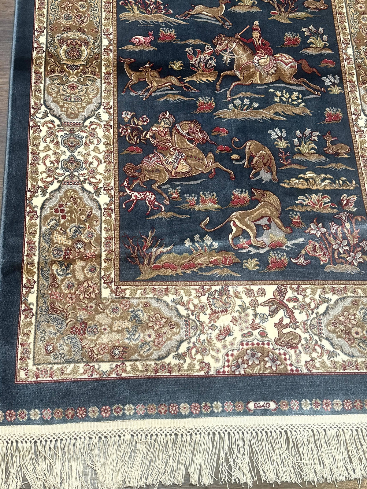 The Sporting Estate Turkish Hunting Scene Rug — Dark Steel Blue &amp; Ivory