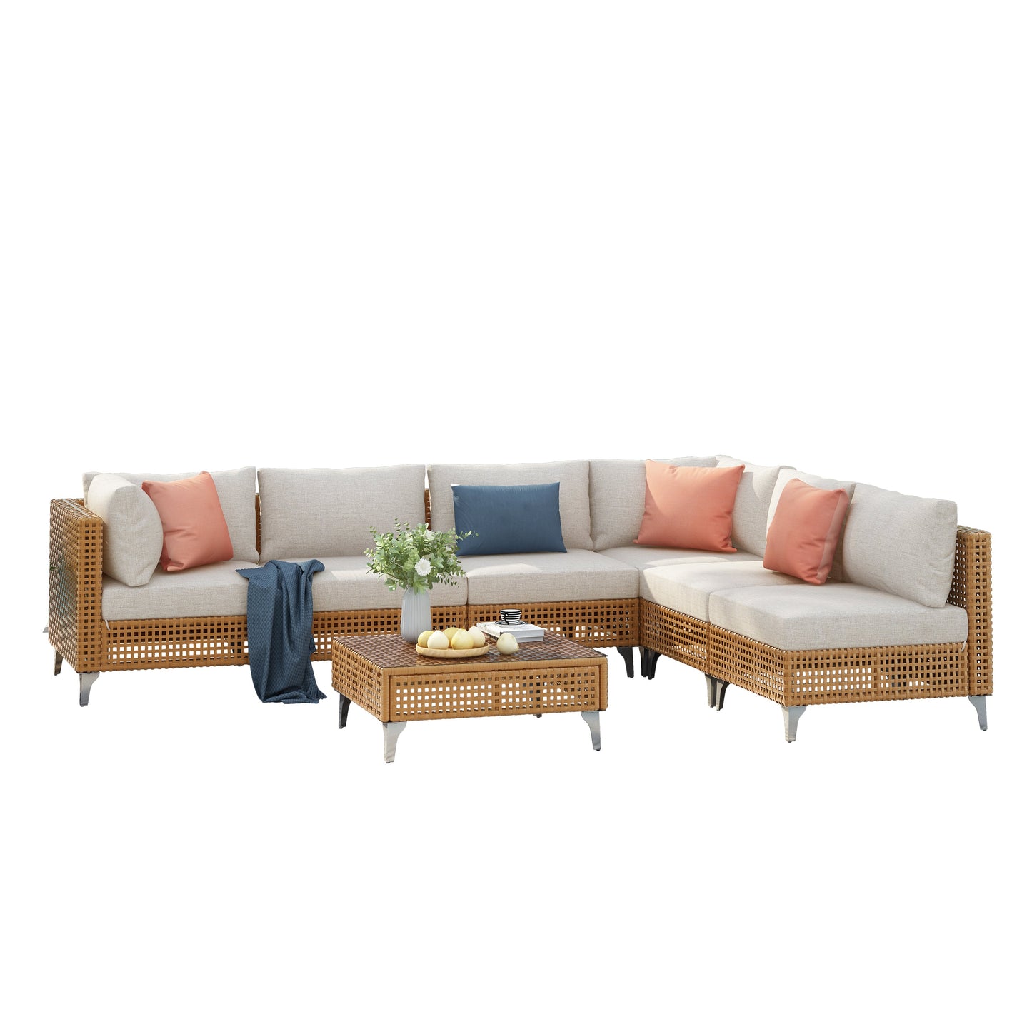 Patio Set Wicker Sectional with Water Resistant Beige Cushions and Coffee Table