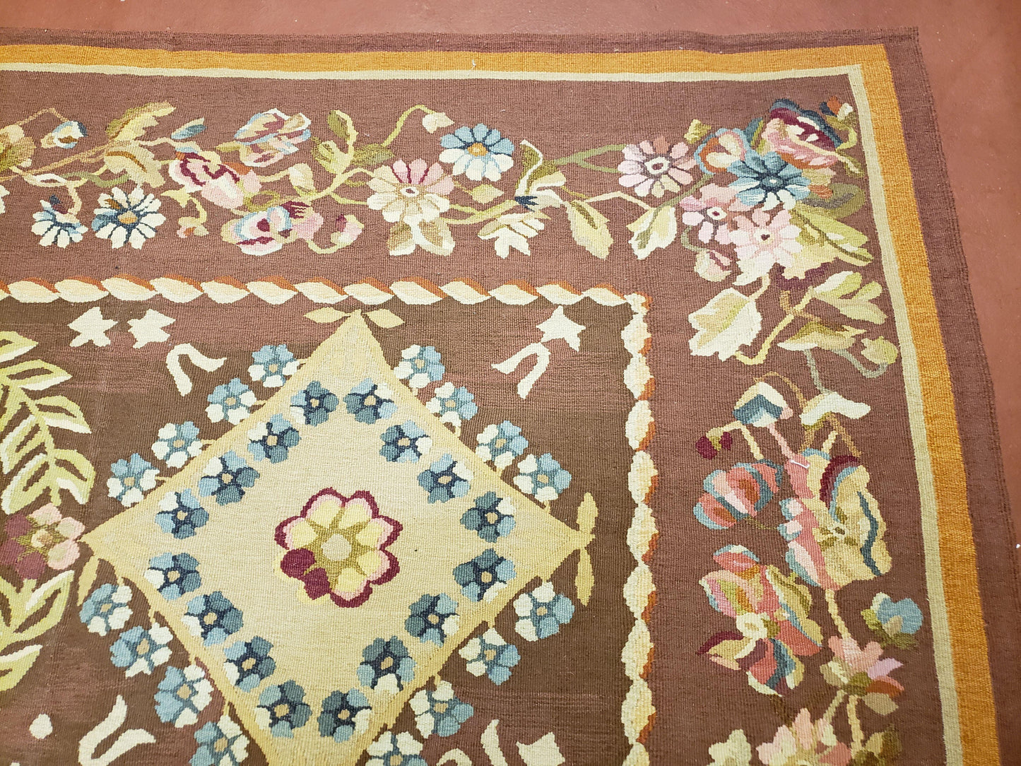 Aubusson Rug 6 x 9 Flat Weave Area Carpet European Design Flowers New Brown Rug Handmade Wool Hand-Knotted Aubusson Weave Medium Rug 6x9