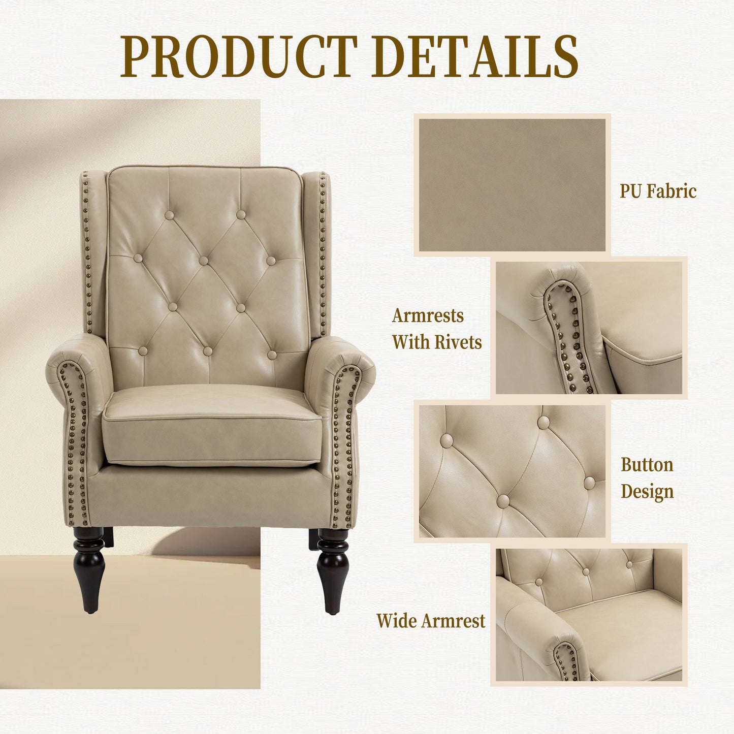 Accent Lounge Chair PU Leather Camel Rubber Wood Legs Sinuous Springs 250 LB