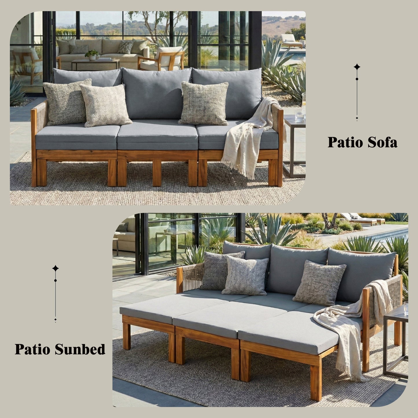 Chaise Lounge Acacia Wood Rope Natural Gray Cushion Convertible 3 Seat