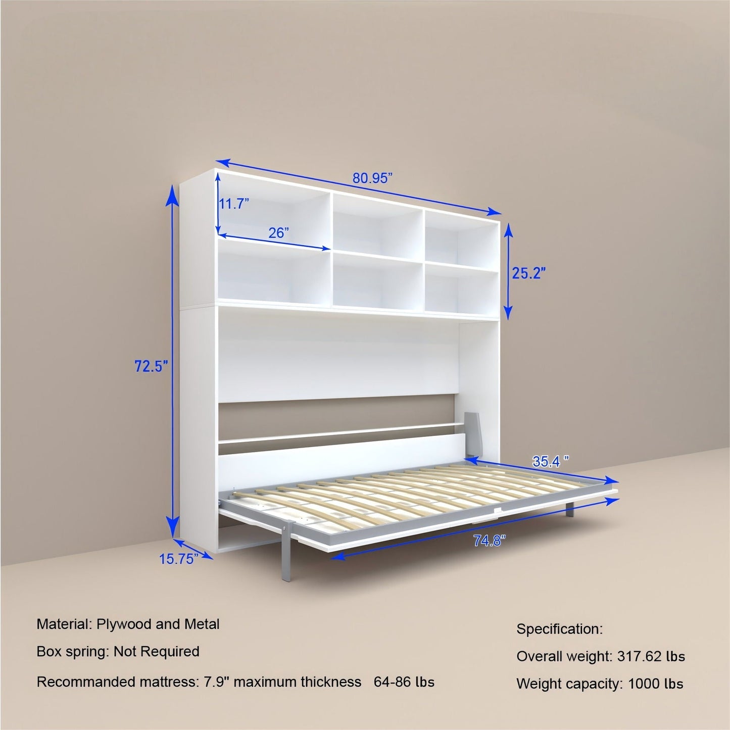 Mordern Design Twin Size Horizontal Murphy Bed With Shelf Storage For Bedroom Or Guestroom Wall Bed Space Saving Hidden Bed With New Style Gas Struts - White