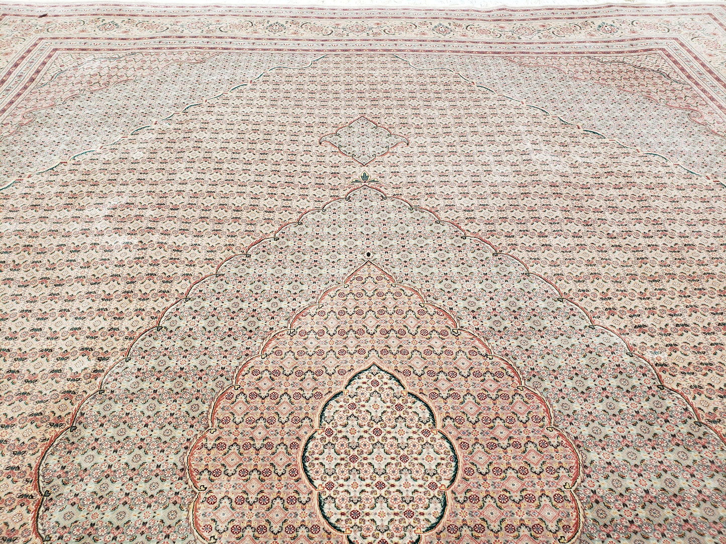 Stunning Oversized Pak Persian Oriental Rug 12x15, Hand Knotted Wool & Silk Palace Sized Carpet, Mahi Pattern, Very Fine, Peach Beige, Wow