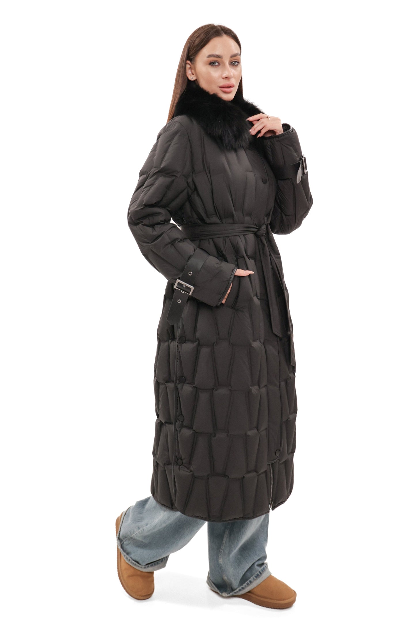 Riley Genuine Fur Trim Down Fill Coat in Black