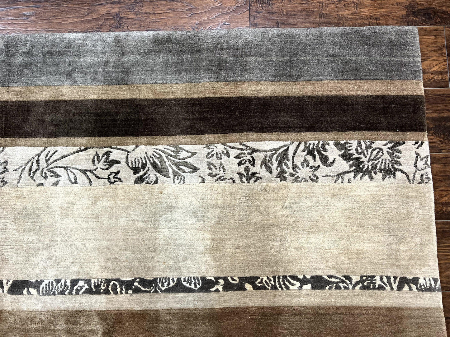 Modern Tibetan Nepali Rug 8x12, Stripe Pattern, Wool with Silk Highlights, Handmade, Beige Tan Brown