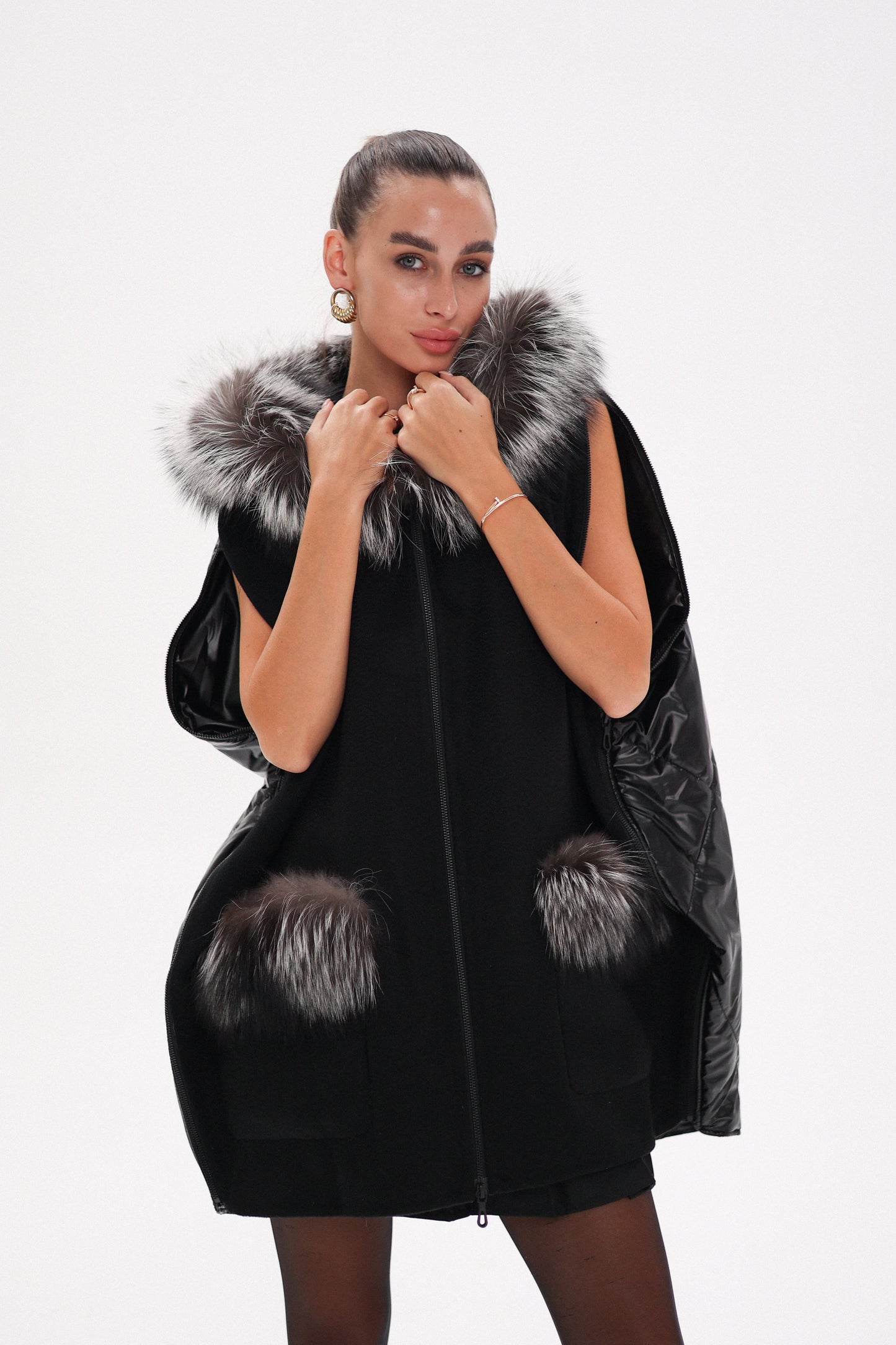 Saga®Furs Silver Fox Wool Alpaca Poncho Vest in Black