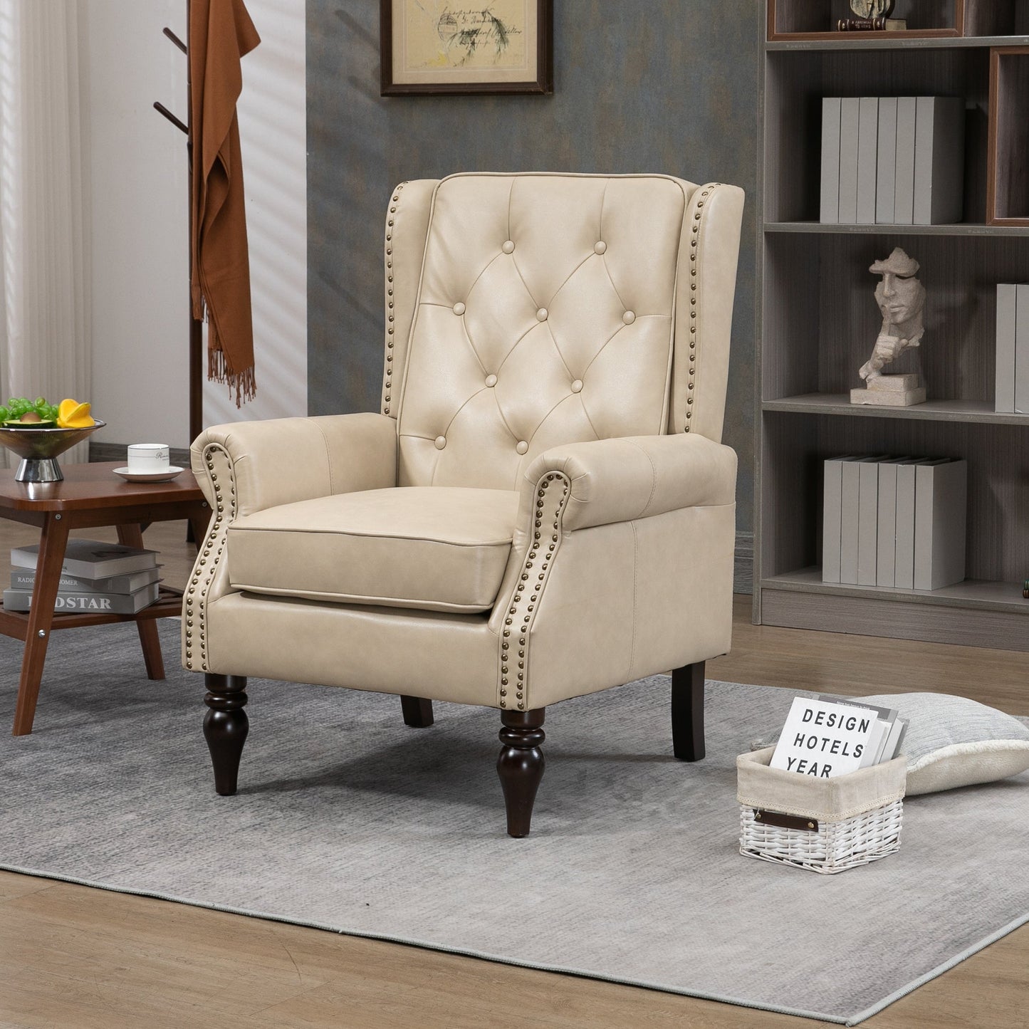 Accent Lounge Chair PU Leather Camel Rubber Wood Legs Sinuous Springs 250 LB