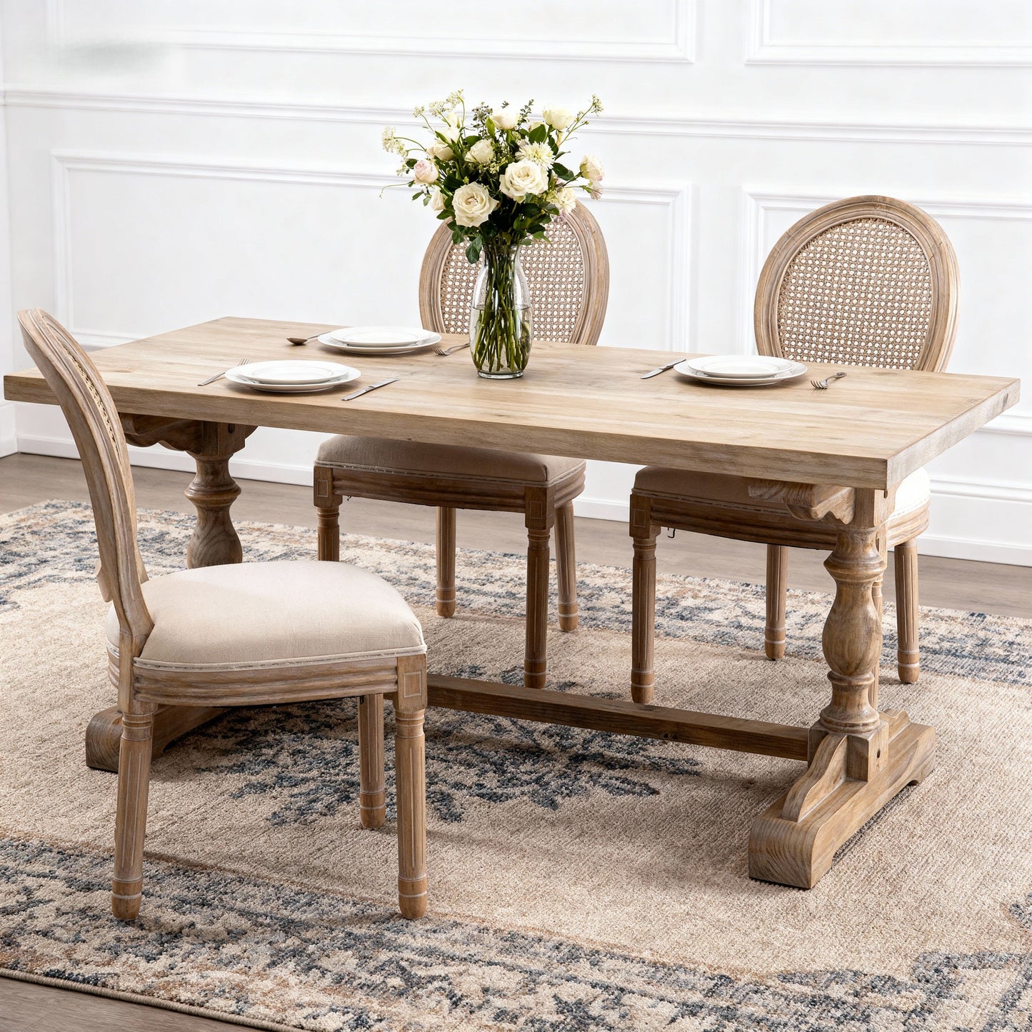 French Style Solid Wood Linen Fabric Rattan Back Dining Chair, Set of 2, Beige