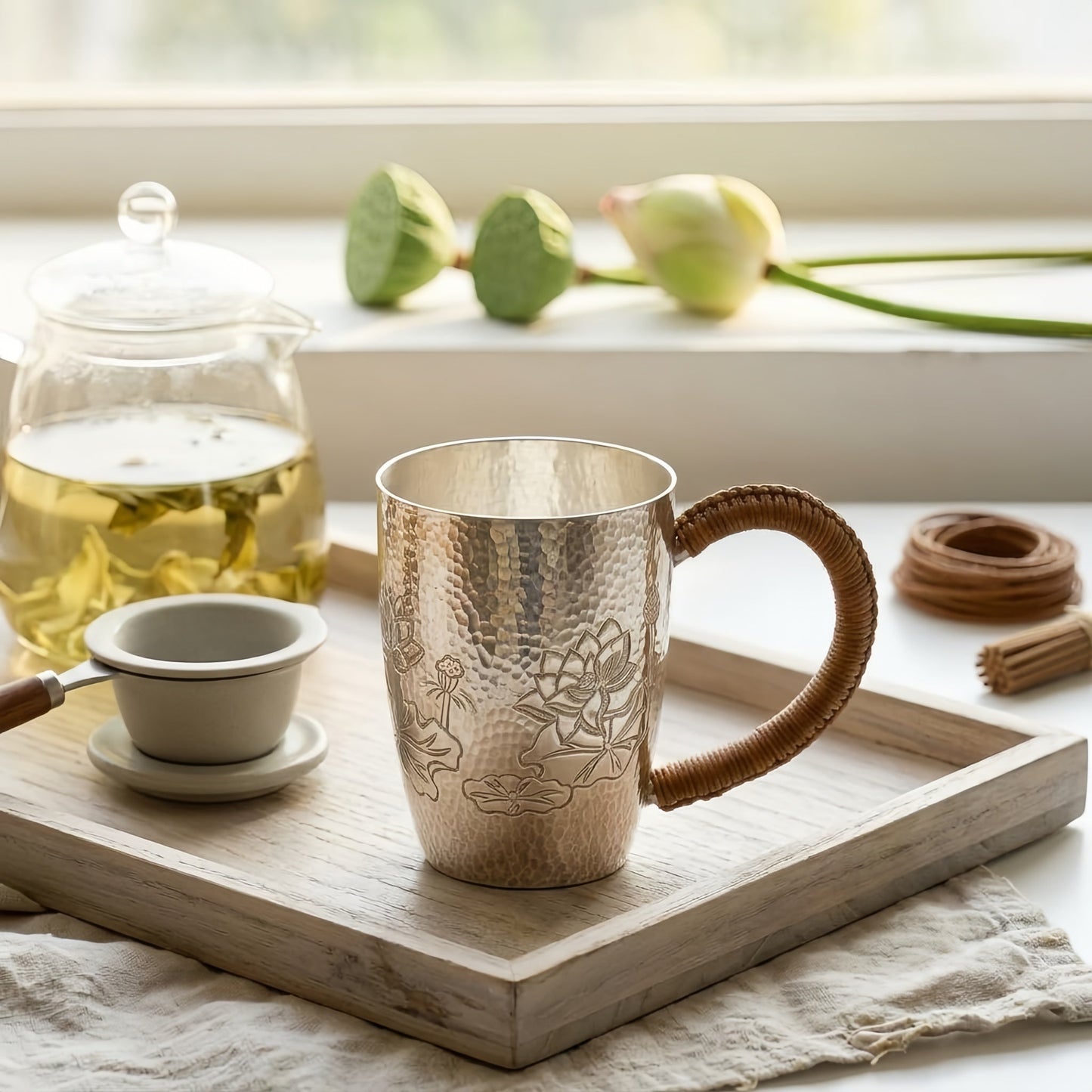 Pure 999 Fine Silver Hammered Silver Mug with Hand-Engraved Lotus Designs and Woven Handle - Handicraft