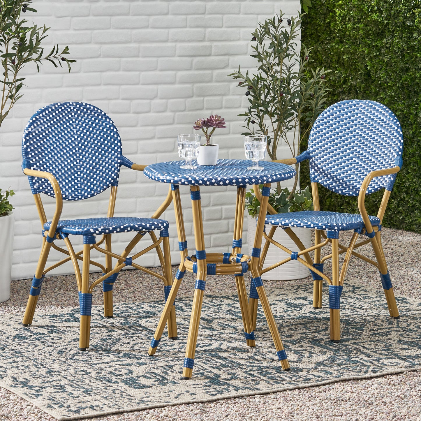 Outdoor PE Rattan and Aluminum 3 Piece French Bistro Set, Dark Teal & White,