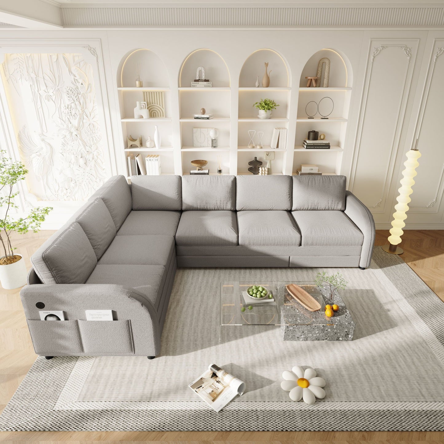 L-Shaped Couch With Pull-Out Bed, Convertible Sleeper Sofa With Side Pocket & USB Port