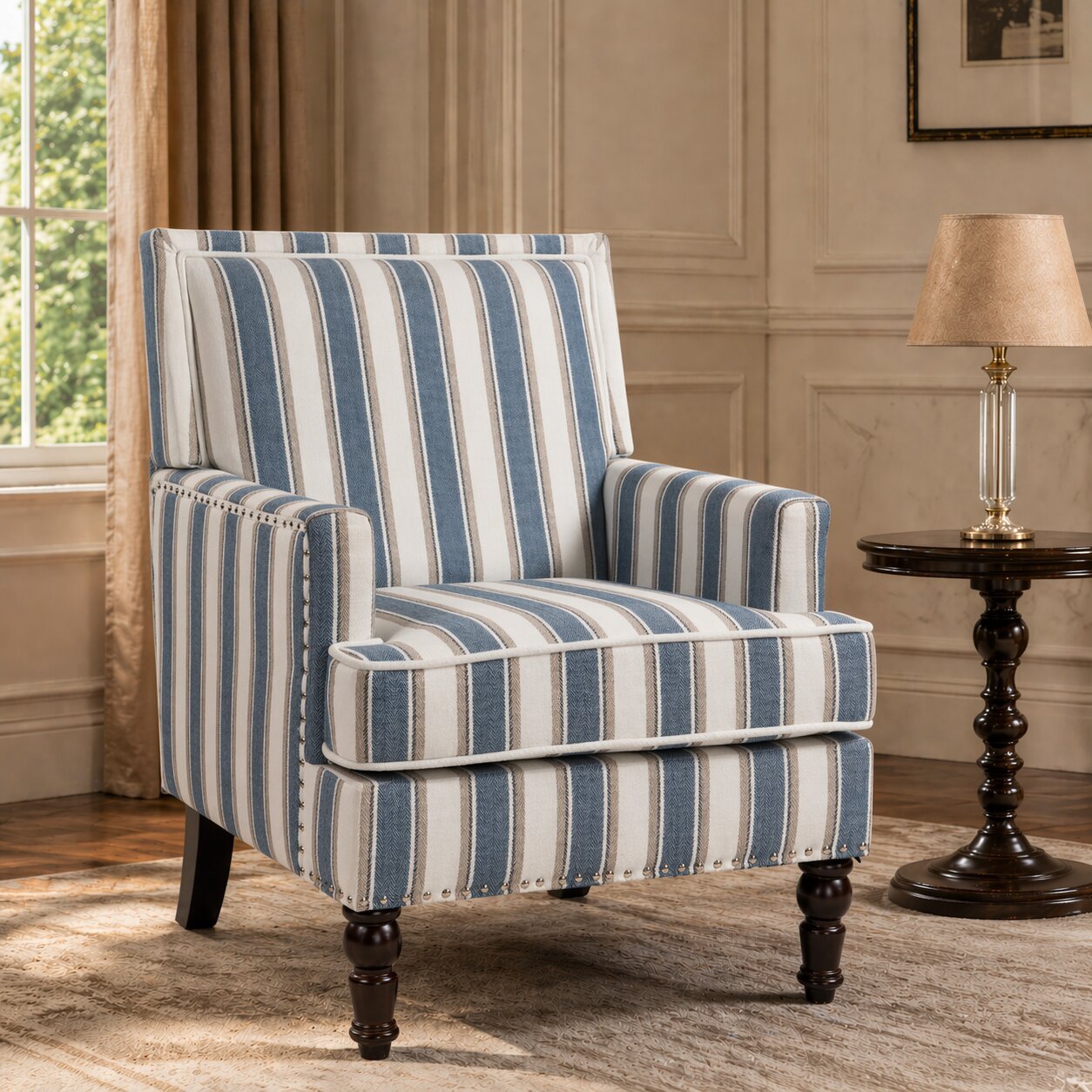 Accent Chair Vintage Blue White Stripe Linen Nailhead Trim