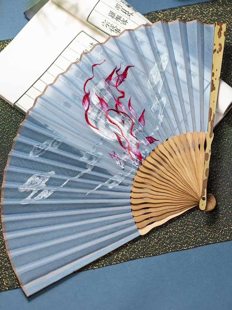Chinese Embroidered Silk Bamboo Folding Fan, 7" or 8"
