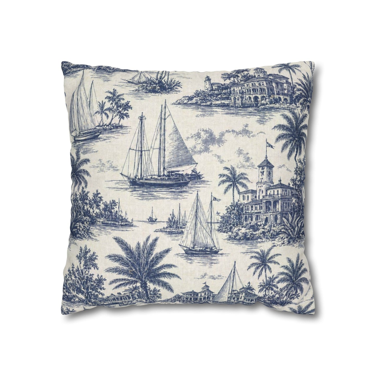 Nautical Toile Print Pillowcase | Square Poly Canvas Throw Pillow Cover 18x18