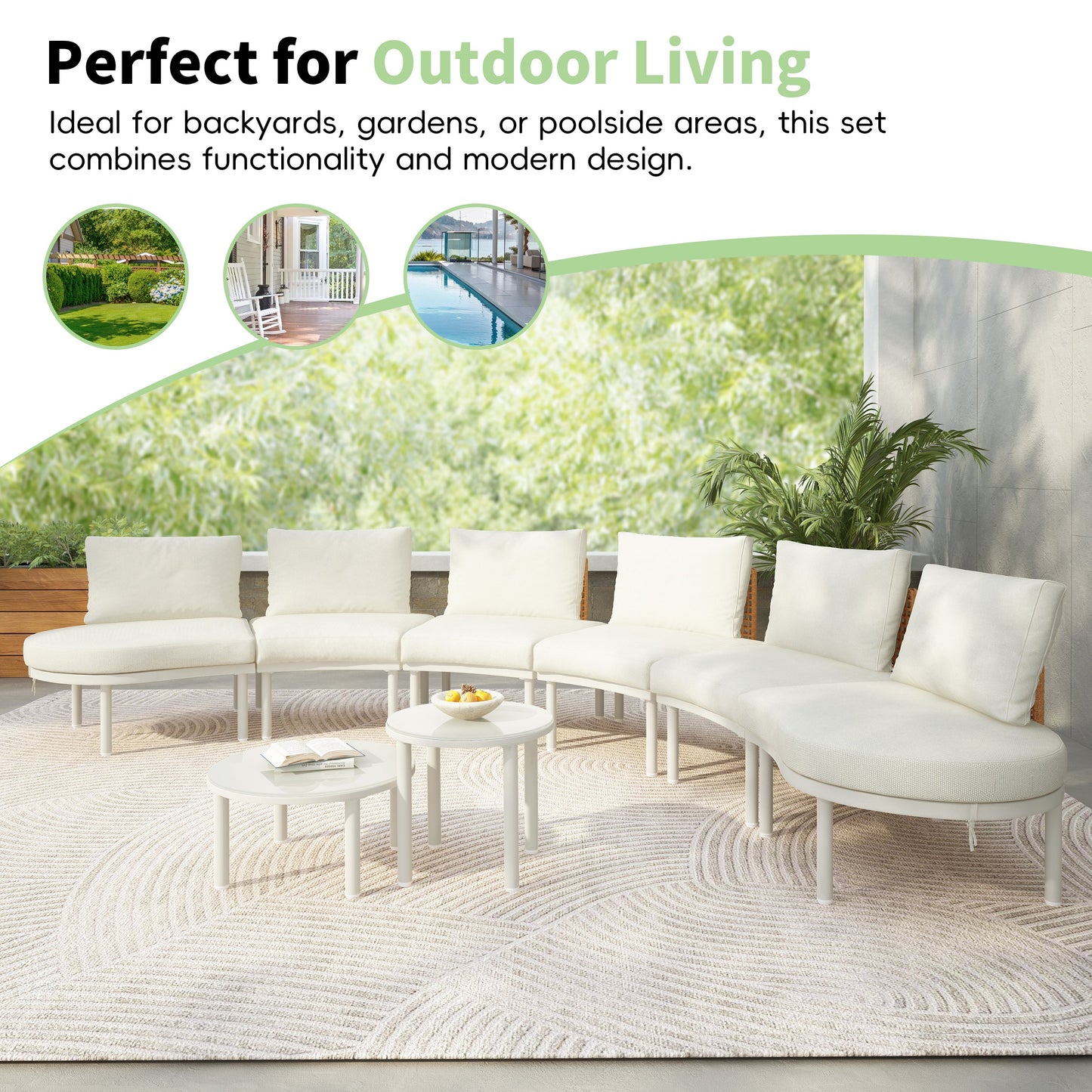 Outdoor Patio Set Half Moon Sectional with Two Coffee Tables Beige Pe Wicker