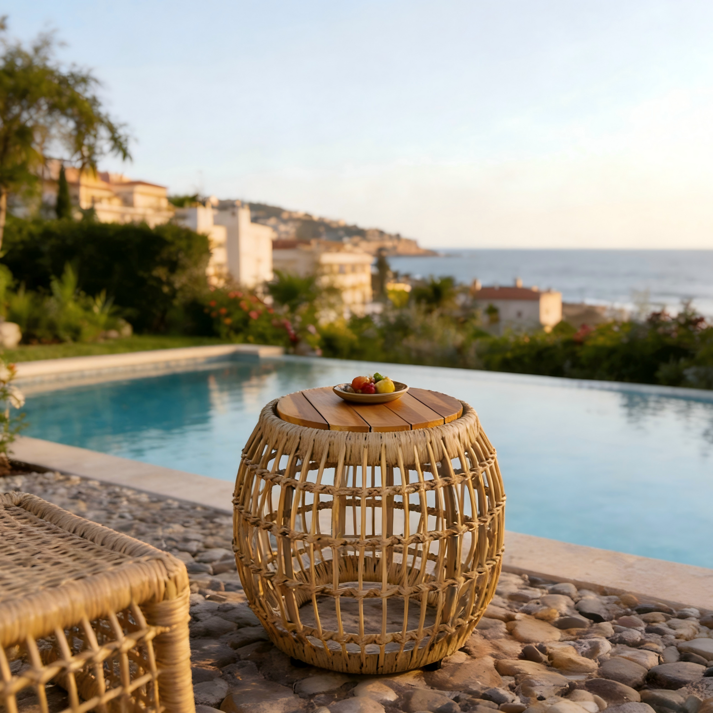 Outdoor Round Side Table Acacia Wood with Wicker Base Light Brown 16 Inch