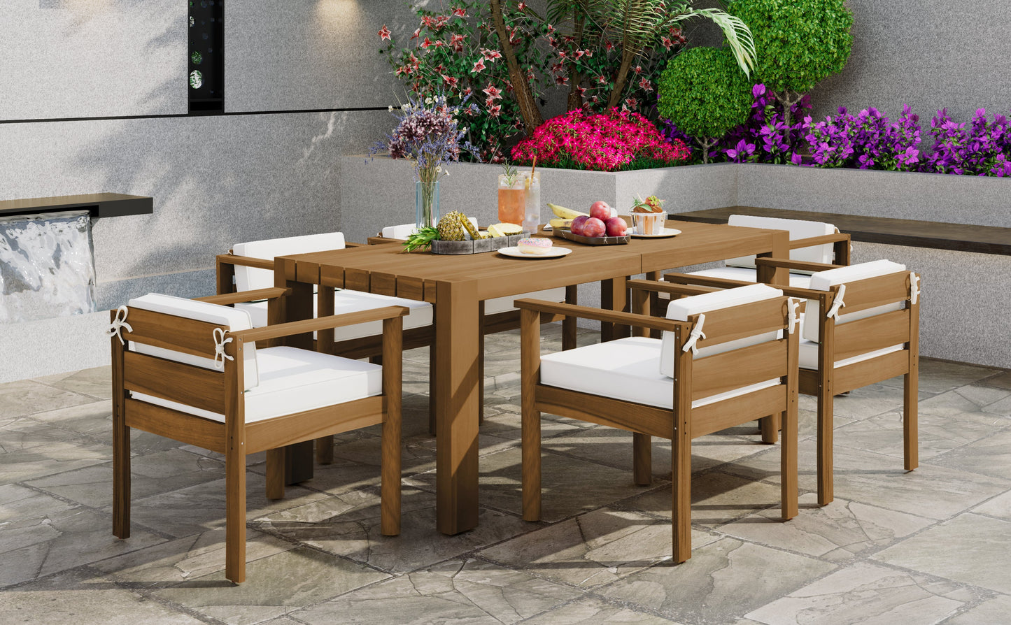 Patio Set Rectangle Light Teak with Removable Cushions for 6 72.8 Inch Table