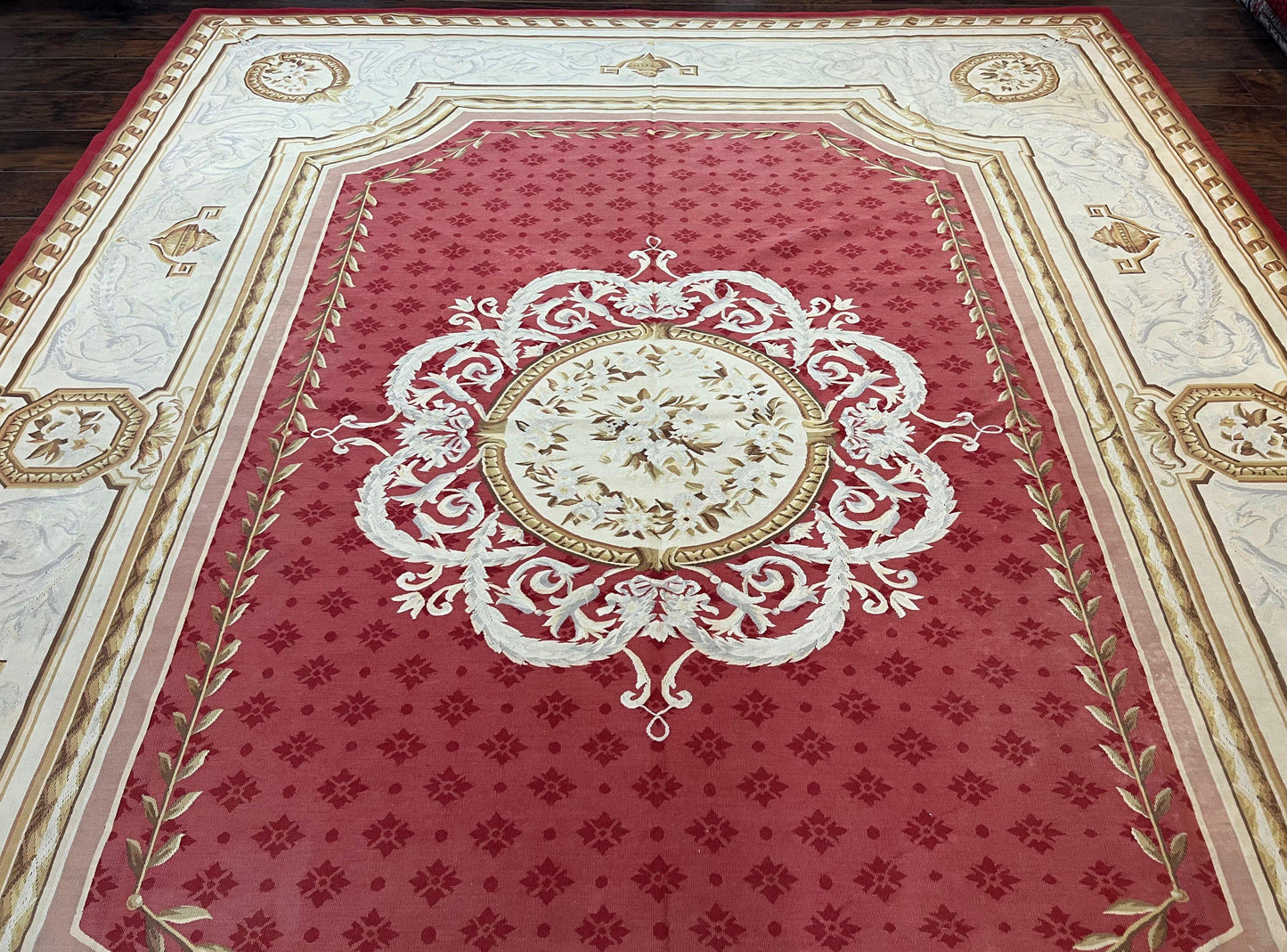 Aubusson Rug 9x12 ft, Red and Ivory Elegant Aubusson Carpet, Flatweave, Vintage Wool Handmade Area Rug 9 x 12, French European Design