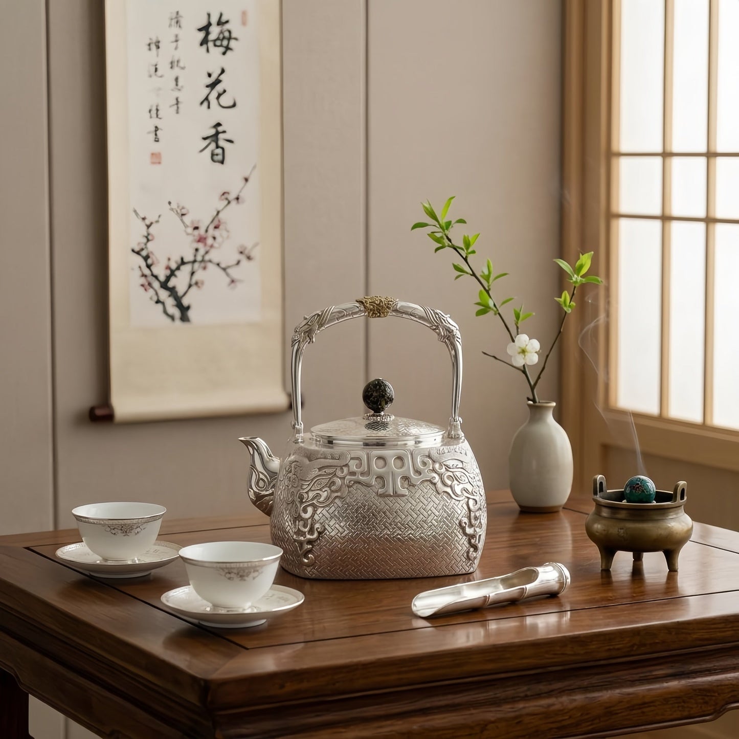 Pure 999 Fine Silver Elegant Handcrafted Silver Teapot Featuring Intricate Basketweave Texture and Traditional Oriental Filigree Accents - Handicraft