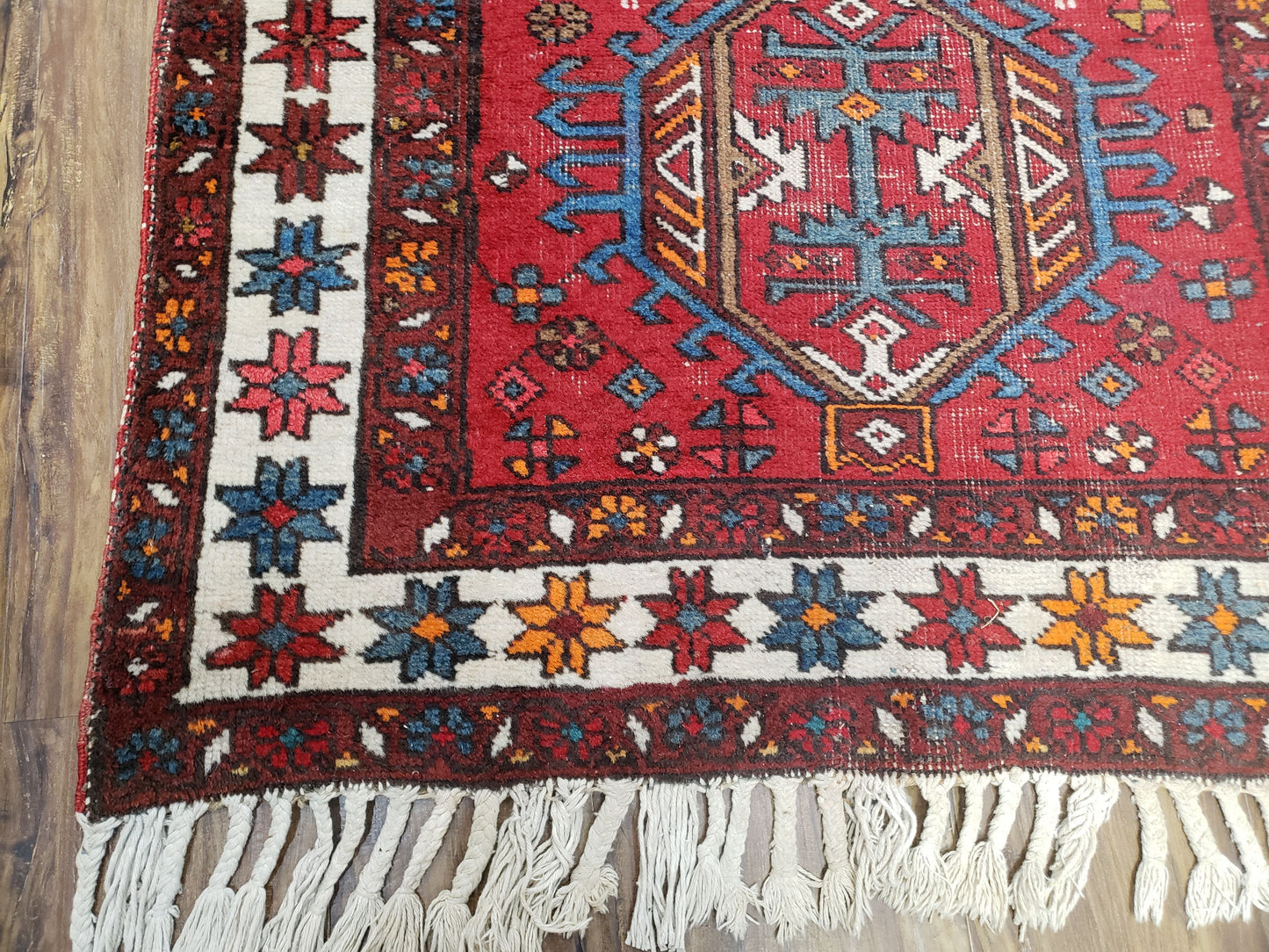 Antique Persian Heriz Karajeh Runner Rug 3x11, Hand-Knotted Red Geometric Medallions