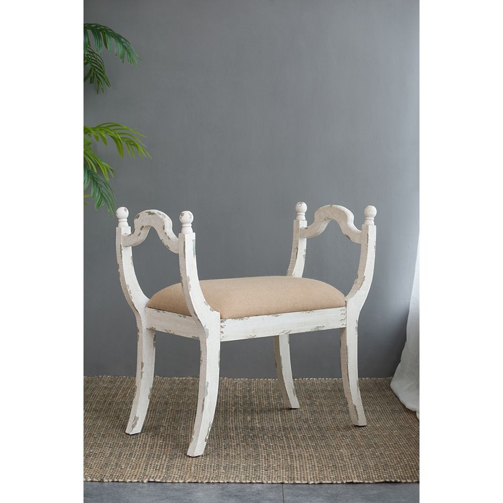 Harlow Country House Bench – Distressed White & Natural Linen