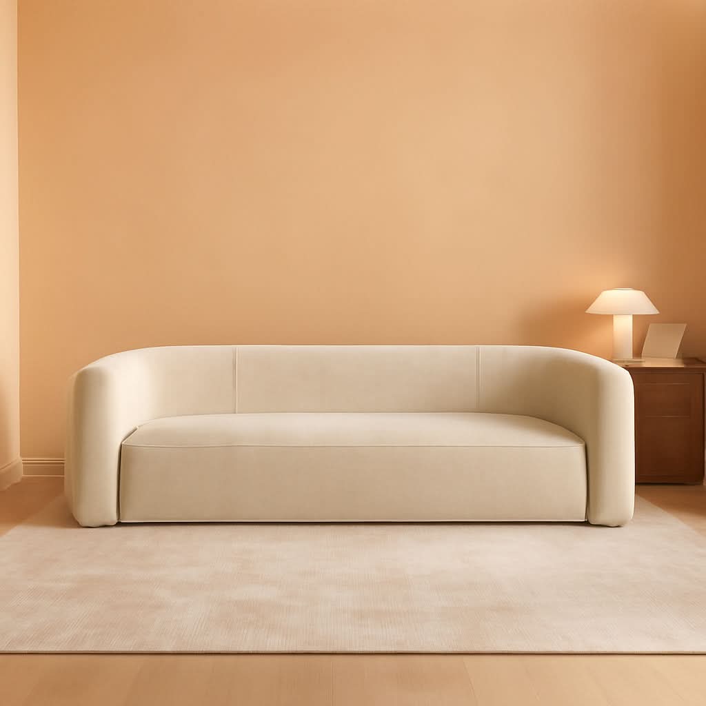 ** Cream Velvet 3 Seater Modern Sofa with Curved Backrest