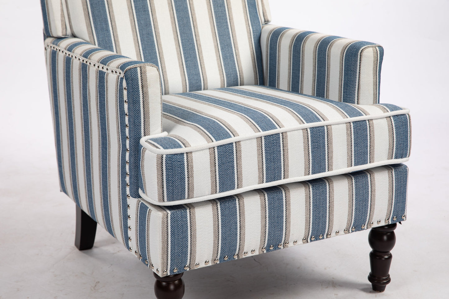 Accent Chair Vintage Blue White Stripe Linen Nailhead Trim