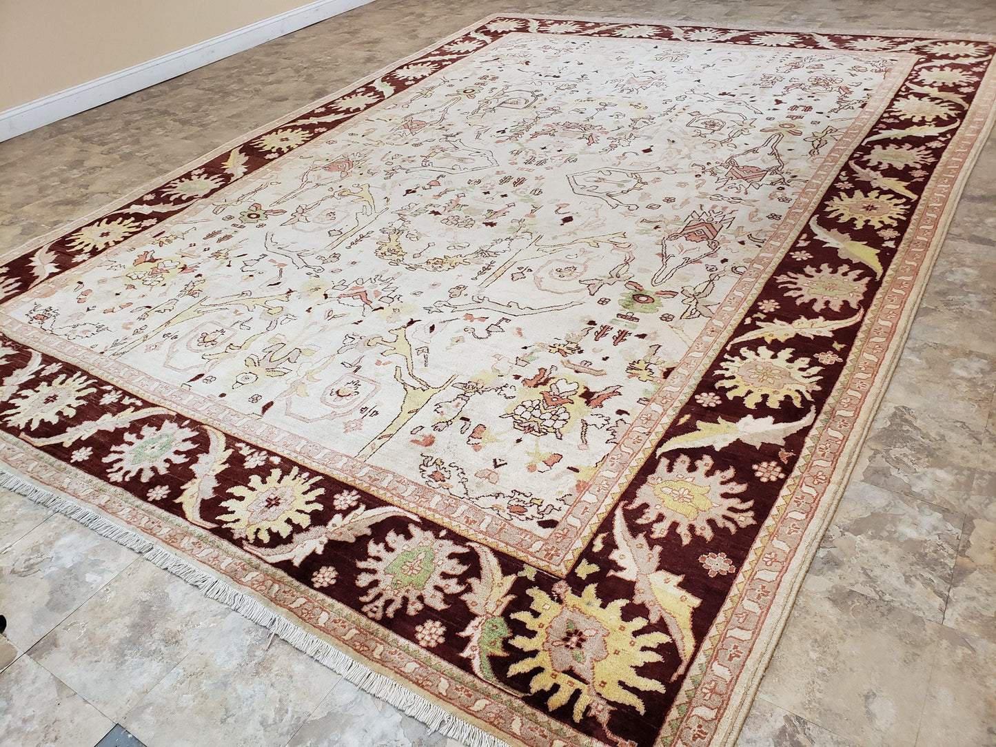 Beige and Maroon Peshawar Rug 10x15, Large Oushak Carpet, Pakistani Rug, Handmade Area Rug, Hand Knotted Rug, Living Room Rug, Nice Wool Rug