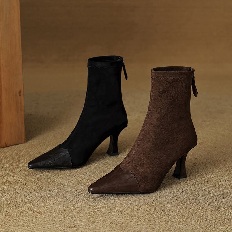 Women's Retro Pointed-Toe Patchwork Slim Mid-Calf Boots | Sheepskin Upper | Black & Brown