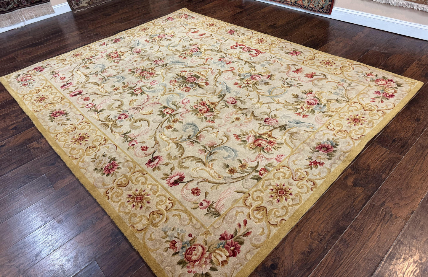 Aubusson Rug 8x10, French European Design, Vintage Handmade Wool Carpet, Aubusson Rug with Pile, Floral