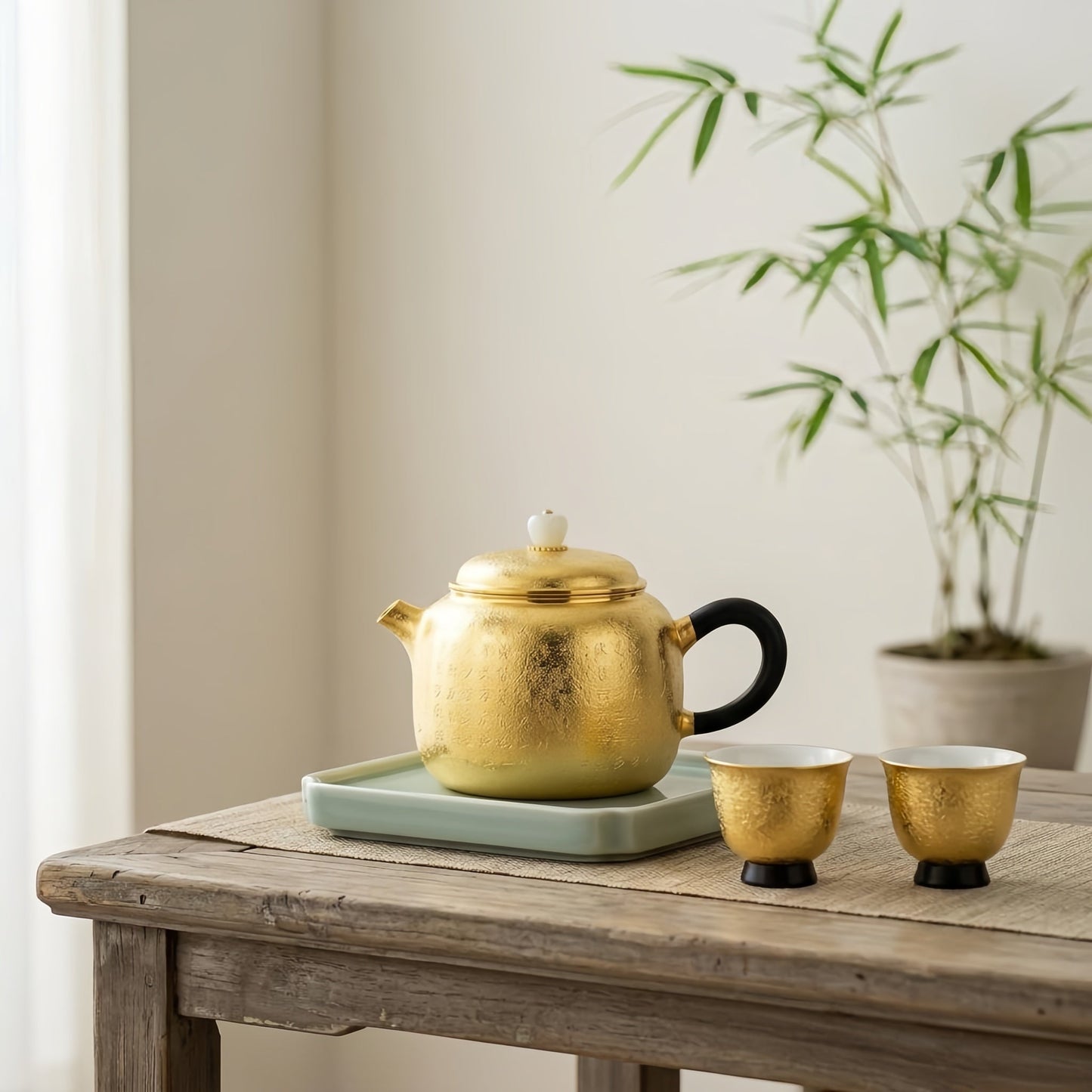 925 Sterling Silver Elegant Engraved Metallic Tea Kettle with Traditional Calligraphy and Smooth Jade Accents - Handicraft