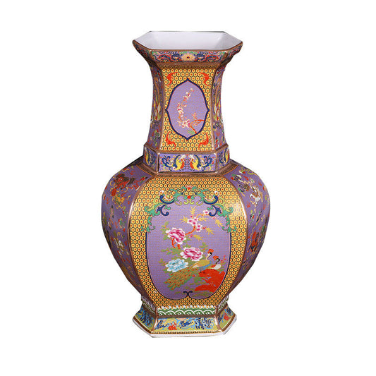 Hexagonal Enamel Porcelain Vase With Design Of Flowers And Birds