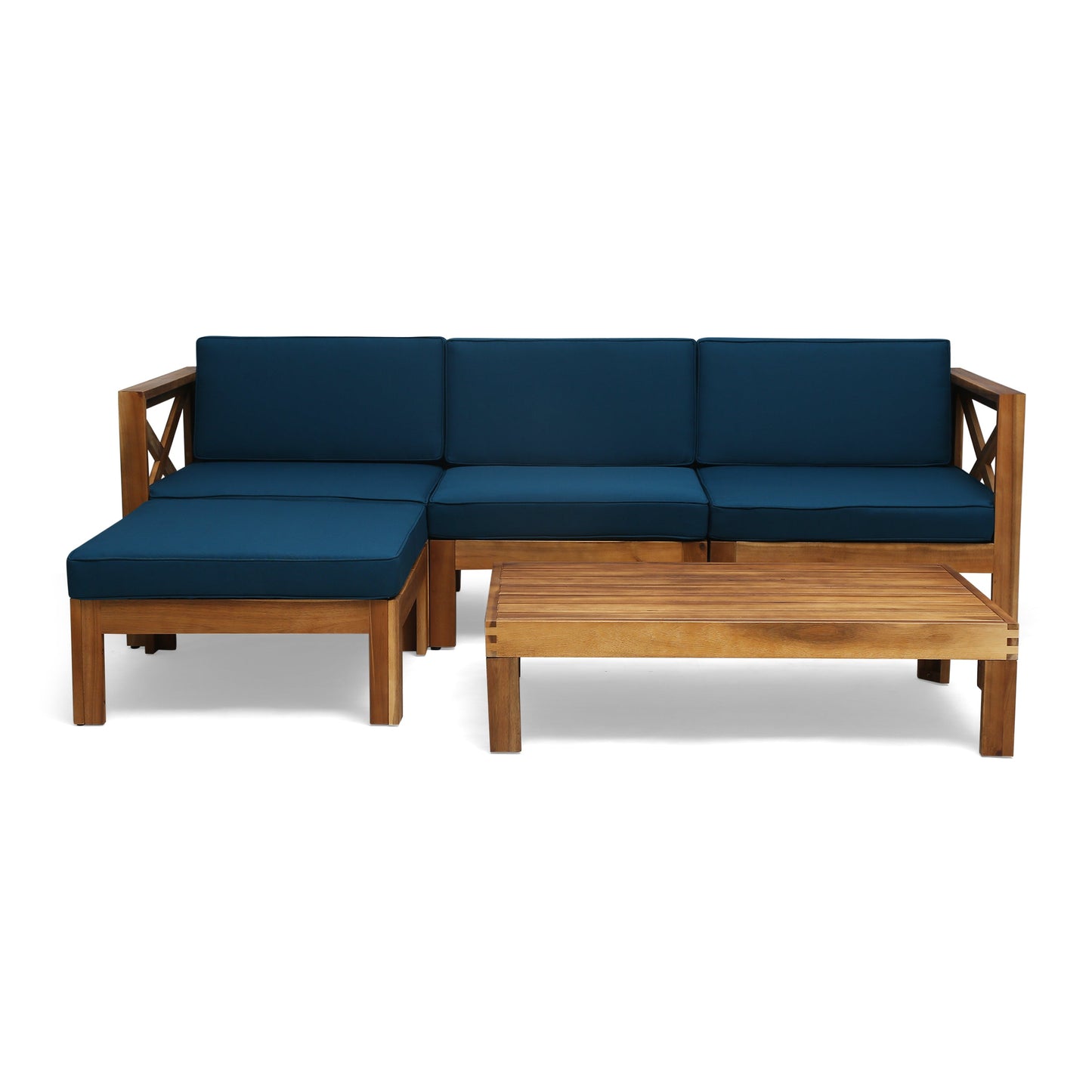 Outdoor L-Shaped Sofa Set with Coffee Table Dark Blue Cushions Teak 5-piece