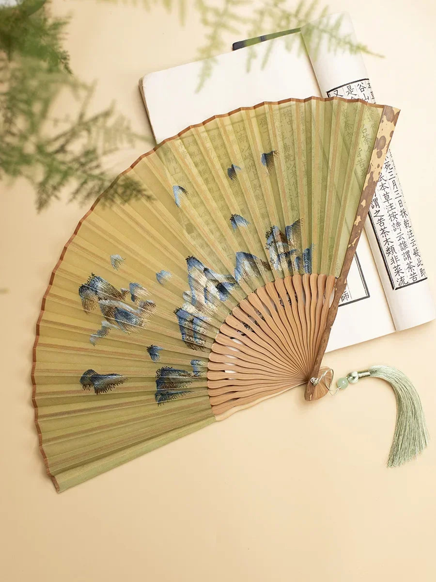 Chinese Embroidered Silk Bamboo Folding Fan, 7" or 8"