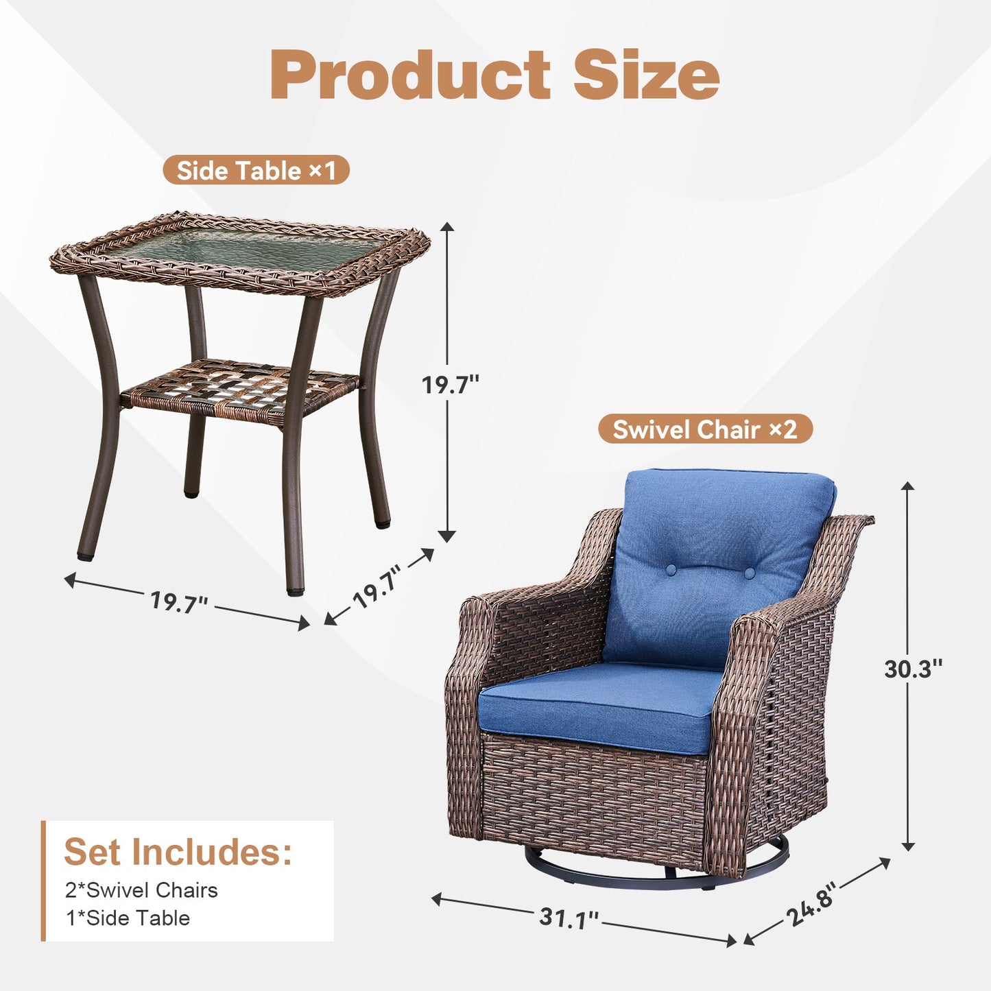 Outdoor Conversation Set PE Rattan Blue 3-Piece Seats 2 with Side Table