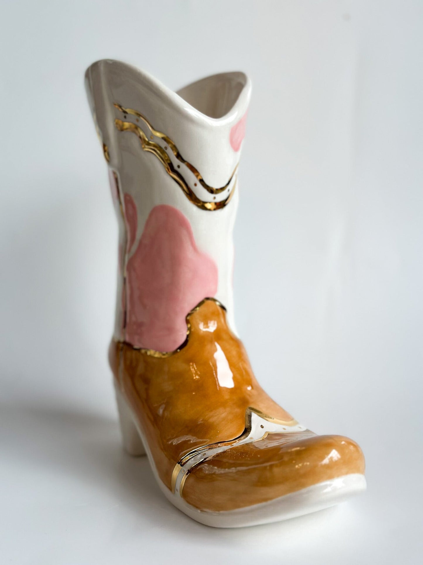 Two Tone Cow Print Cowboy Boot Vase