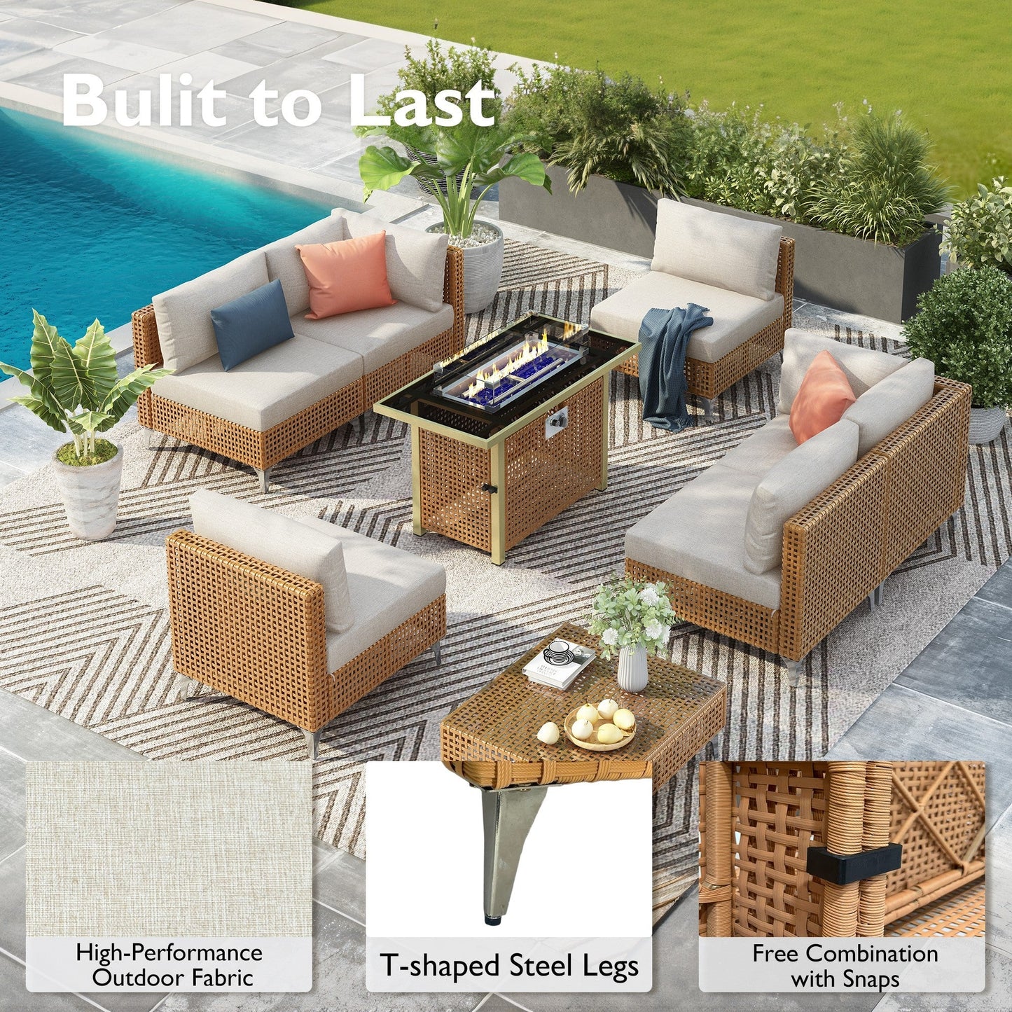 Patio Set Wicker Sectional with Water Resistant Beige Cushions and Coffee Table