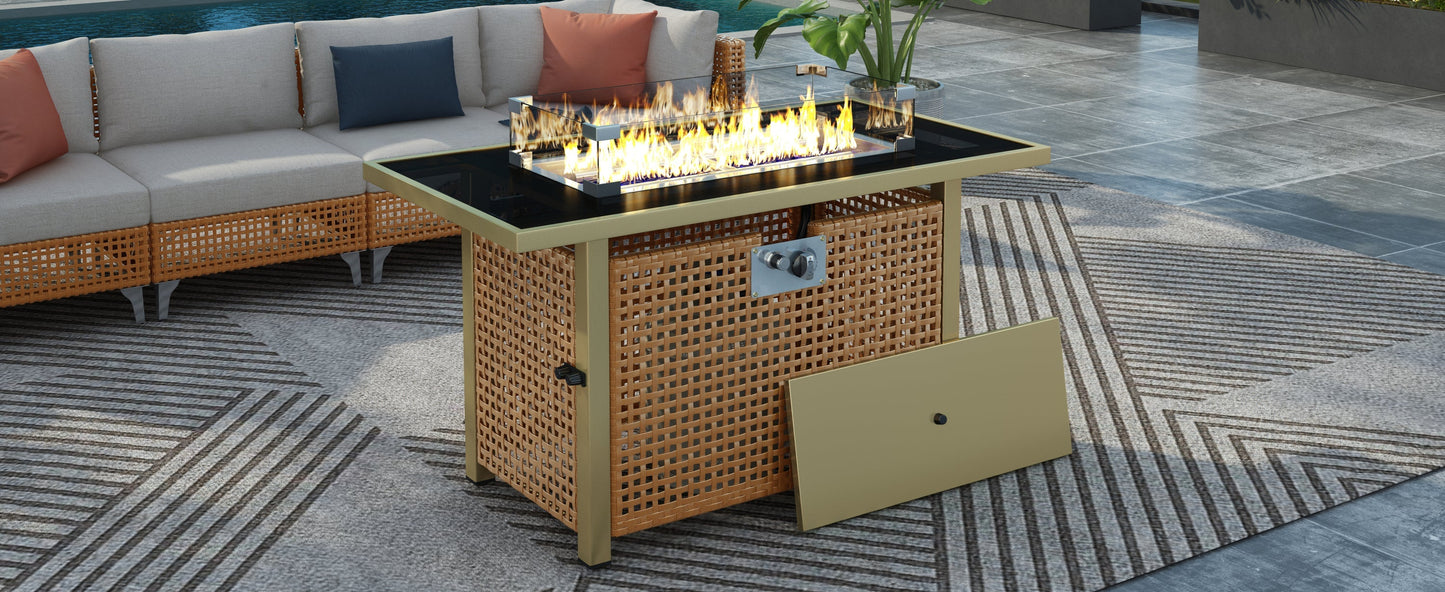 K&K 43' Rattan, Steel and Glass Propane Gas Fire Pit Table