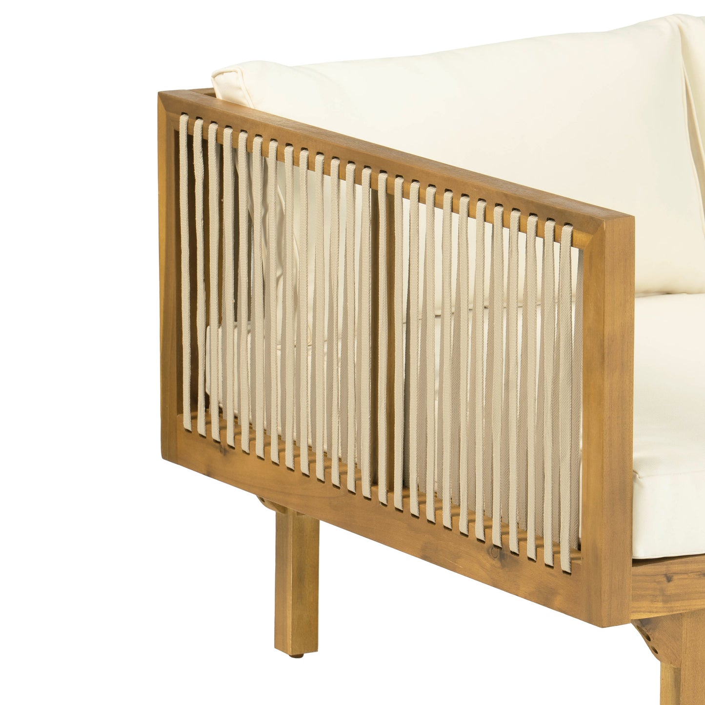 Outdoor Patio Sofa Rope Beige Cushions Teak Finish Acacia Wood