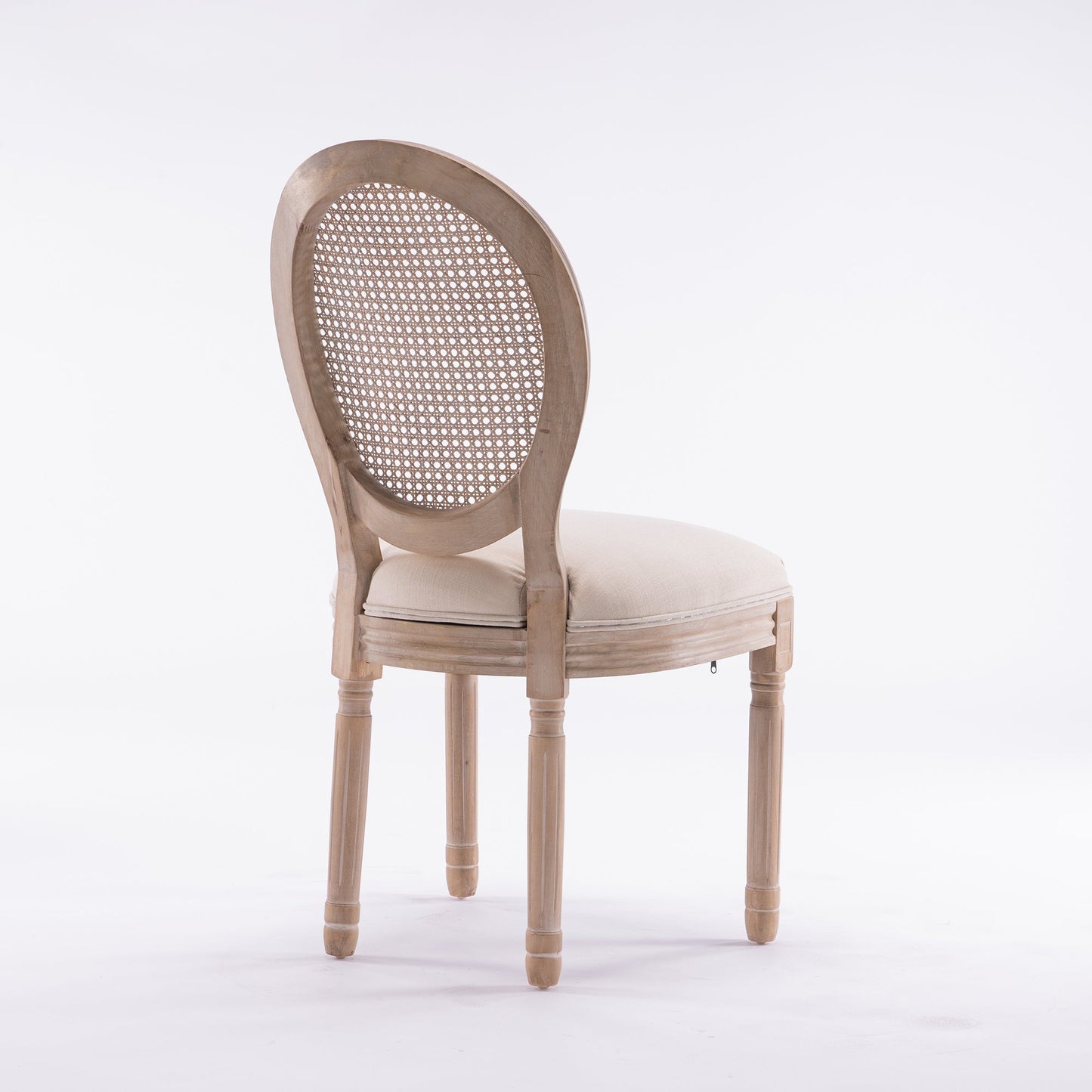 French Style Solid Wood Linen Fabric Rattan Back Dining Chair, Set of 2, Beige