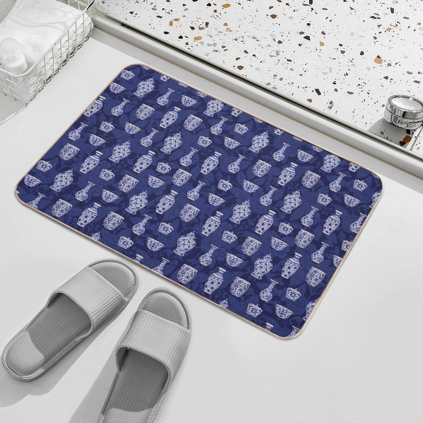 Blue And White Chinoiserie Delftware Pottery Pattern  Non-Slip Bath Mat