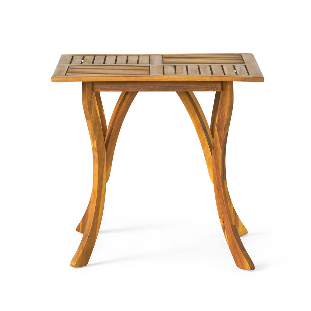 Wooden side table with curved legs on a white background